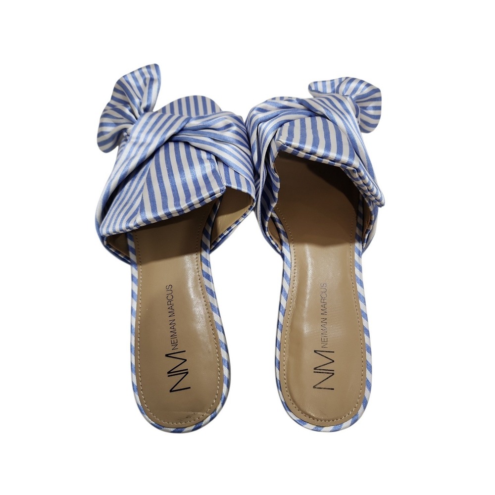 Neiman Marcus Nineya Blue Striped Bow Slide Sandals Womens 8 Nautical Resortwear - Picture 5 of 10